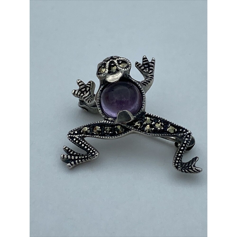 Vintage Sterling Silver Purple Amethyst and Marcasite Frog Pin Brooch